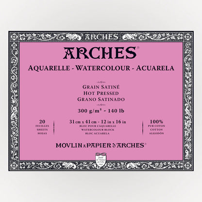 Glad Satijn 300 gr 31x41 Blok 4 zijdig verlijmd Aquarelpapier Arches Grain Satine Hot Pressed